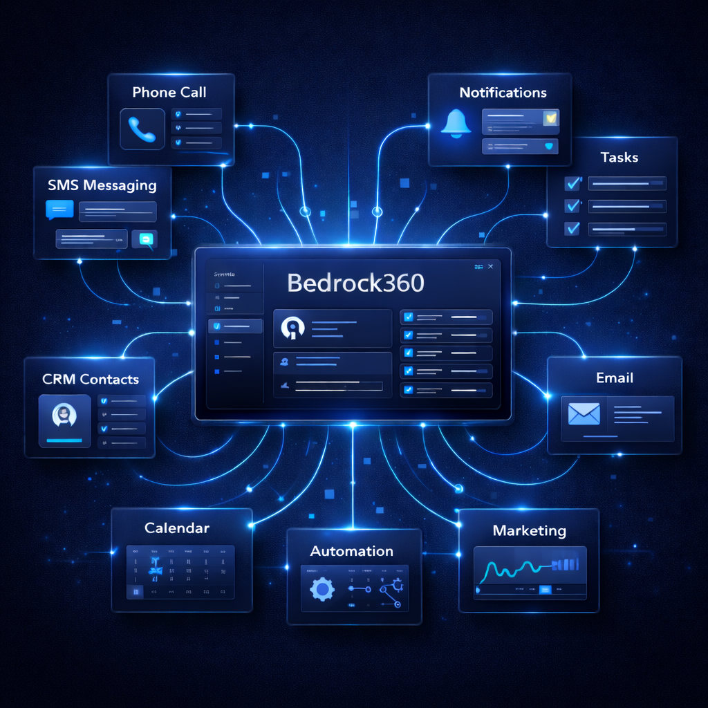 Real-world workflow showing Bedrock360 capturing a lead and syncing data across CRM, messaging, and scheduling systems