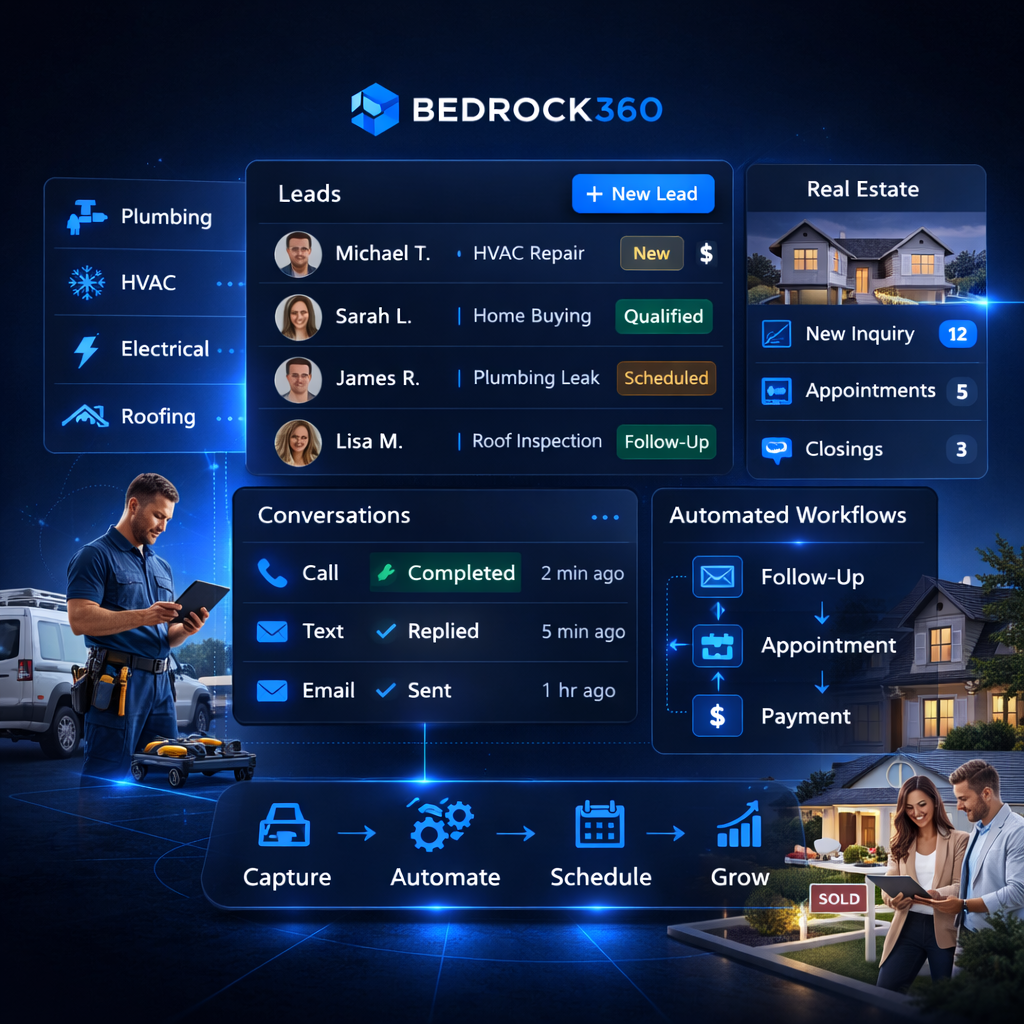 AI automation for service businesses capturing calls, texts, and web leads with a clean dashboard and organized job pipeline