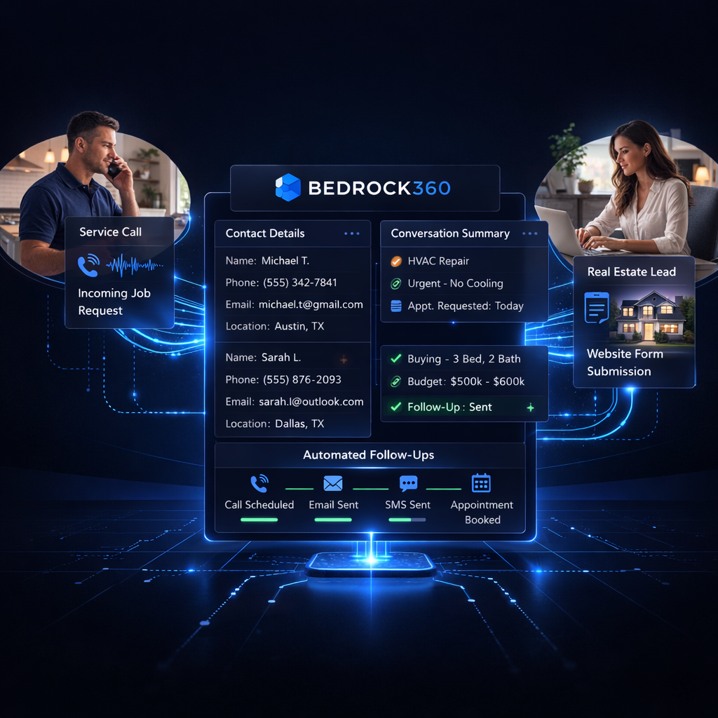 Bedrock360 platform overview showing AI capturing calls, organizing leads, and managing opportunities in a clean dashboard