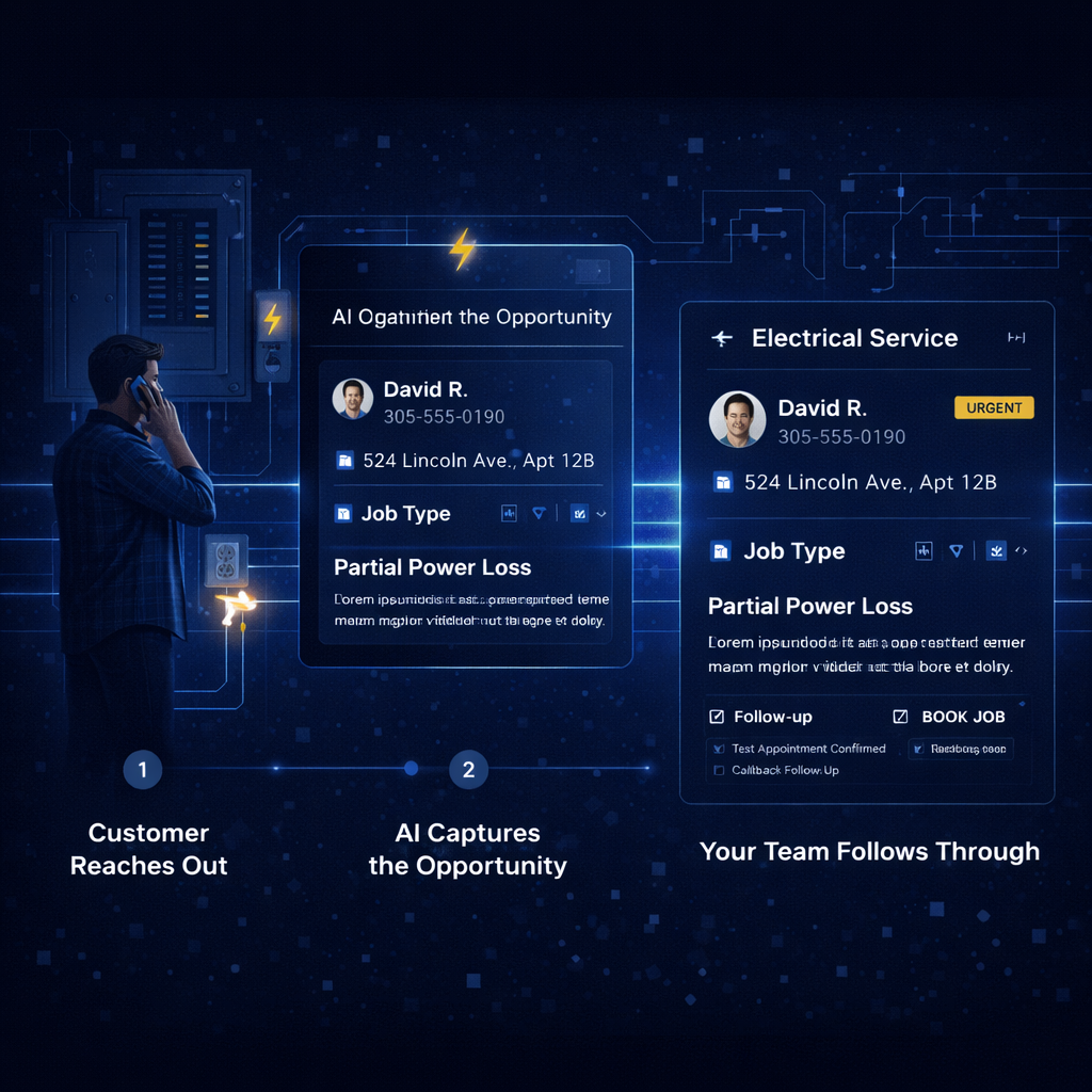 Step-by-step electrical lead handling from customer inquiry to scheduled job with automated follow-up