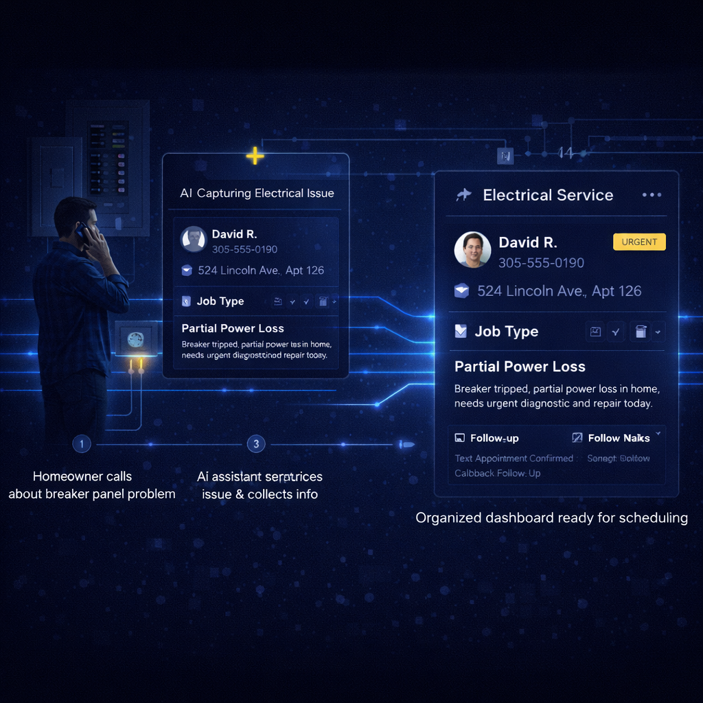 Electrical service workflow showing incoming call, AI response, lead capture, and job scheduling