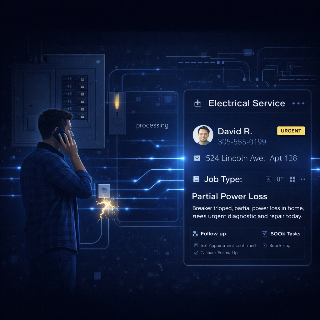 AI automation for electrical contractors capturing service calls, logging job details, and organizing work orders in a dashboard
