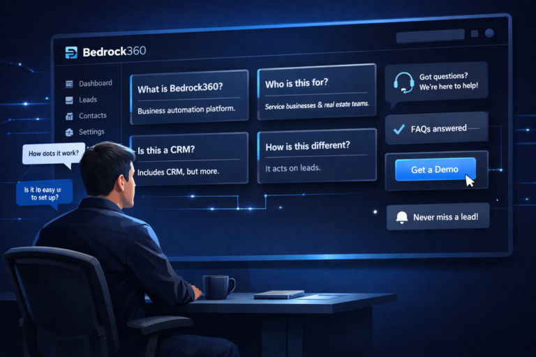 Illustration of a business owner reviewing common questions inside a Bedrock360 dashboard with organized FAQ cards and support prompts.