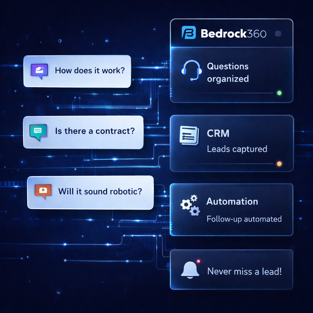 Illustration of customer questions moving through a Bedrock360 workflow with organized panels and communication icons.
