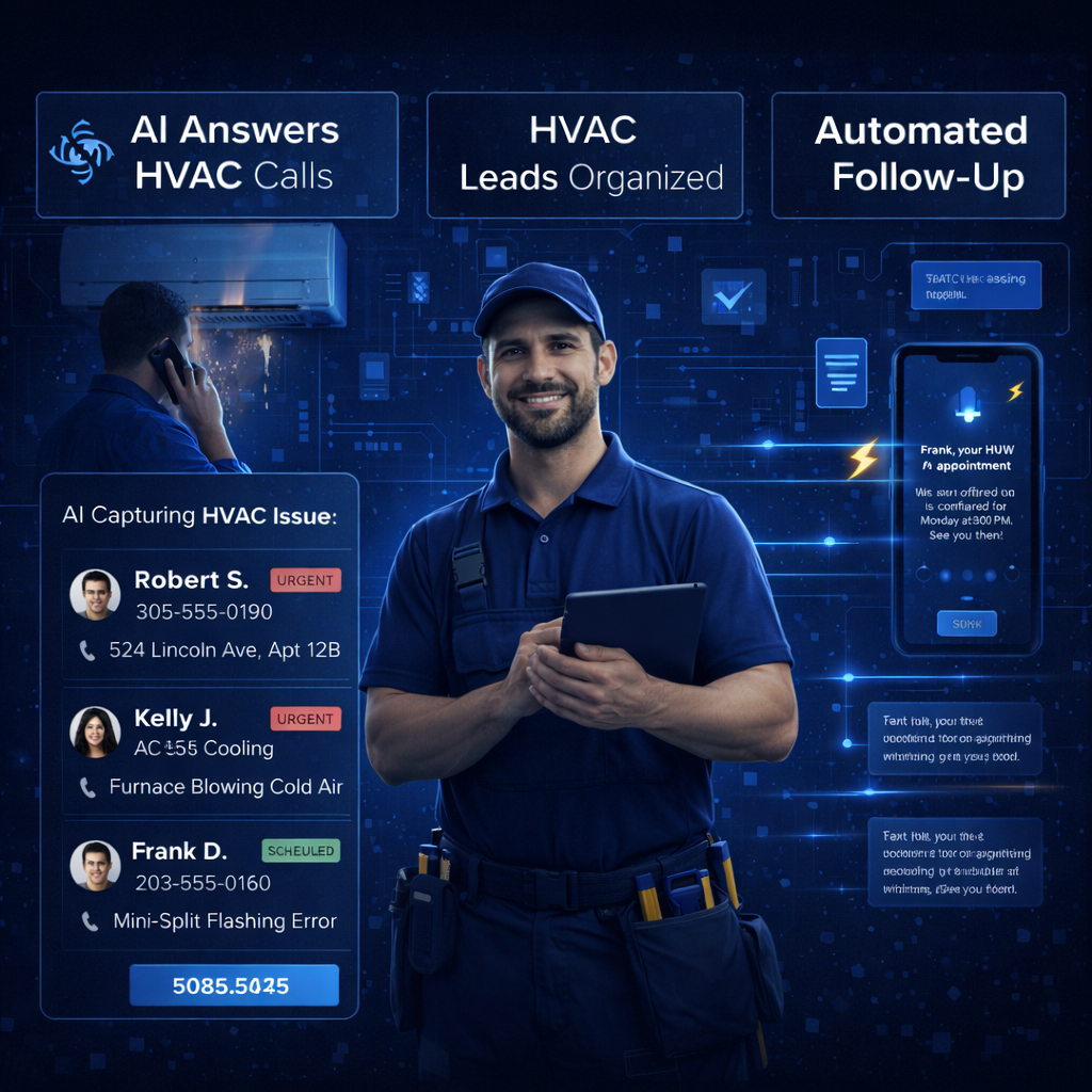 HVAC service workflow showing incoming call, AI response, lead capture, and appointment scheduling