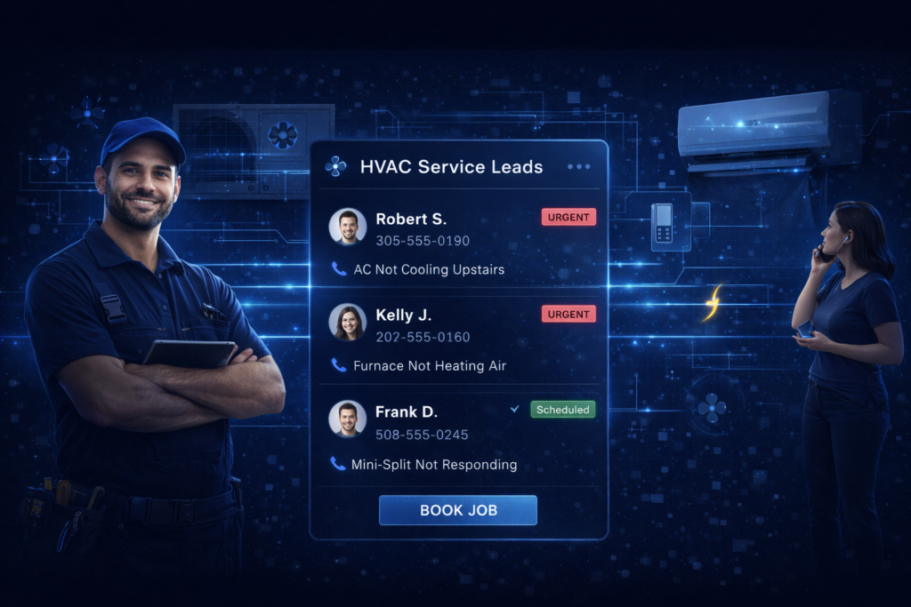 AI automation for HVAC companies capturing service calls, logging customer details, and organizing jobs in a dashboard