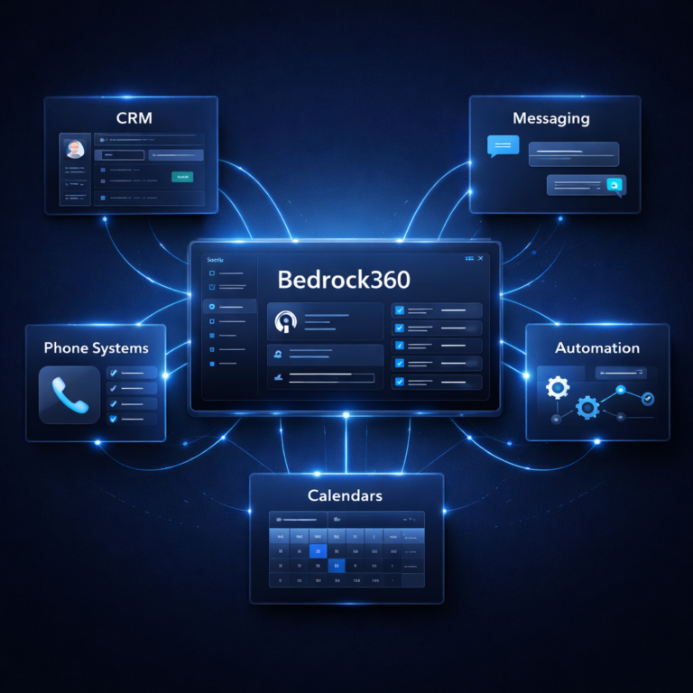 Bedrock360 integrations connecting calls, texts, CRM systems, and business tools into one unified automation platform