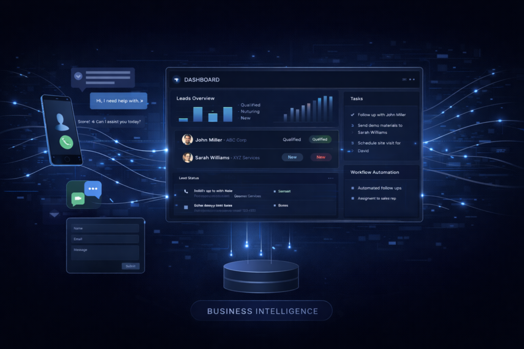 Unified communication system combining calls, texts, and web inquiries into a single organized dashboard