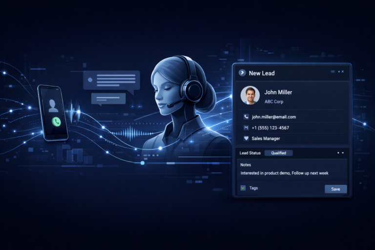 AI business automation platform dashboard capturing calls, texts, and web leads with organized pipeline and real-time updates