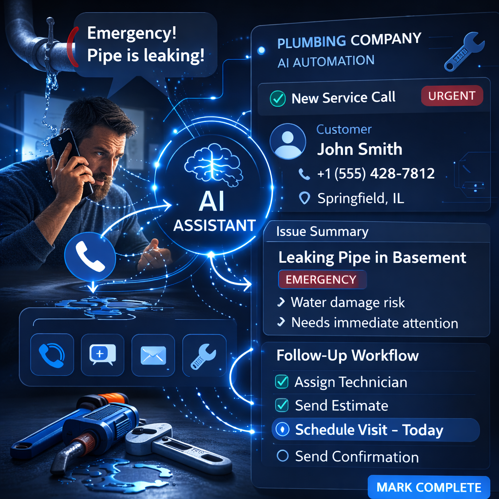 AI automation for plumbing companies capturing customer calls, logging service details, and organizing jobs in a dashboard