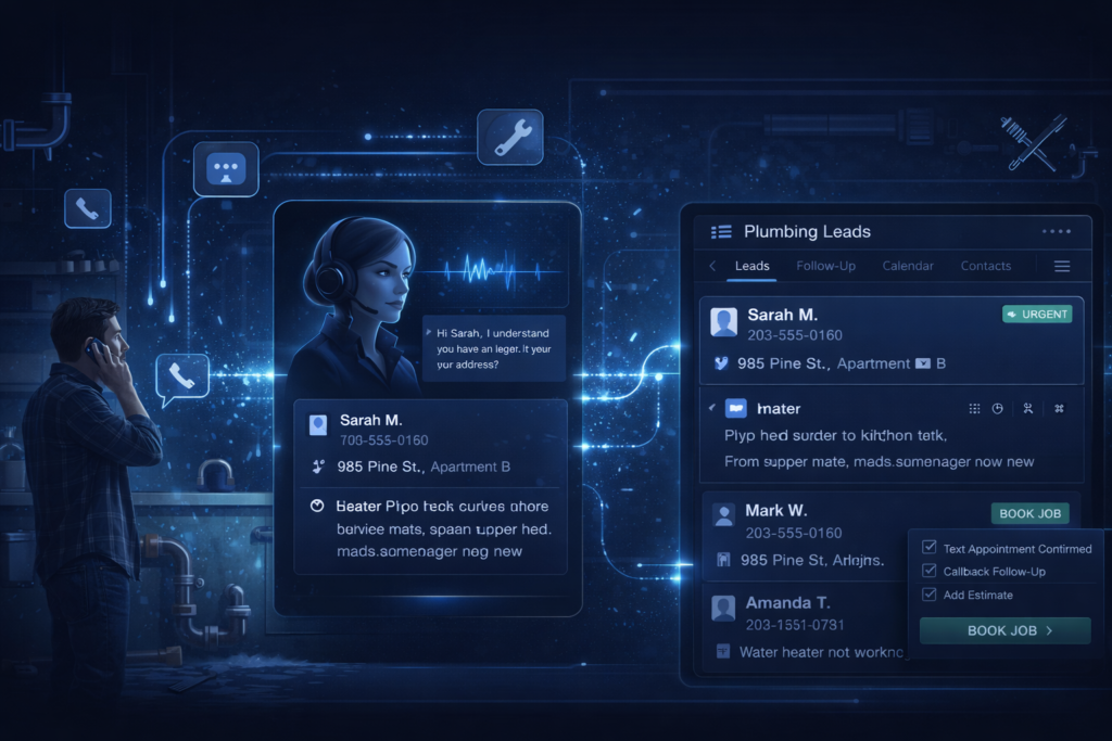 Plumbing service workflow showing customer call, AI response, lead capture, and job scheduling