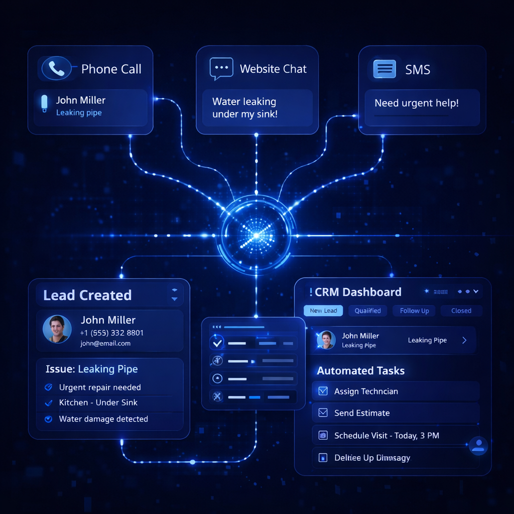 Step-by-step plumbing lead process from incoming call to booked job with automated follow-up