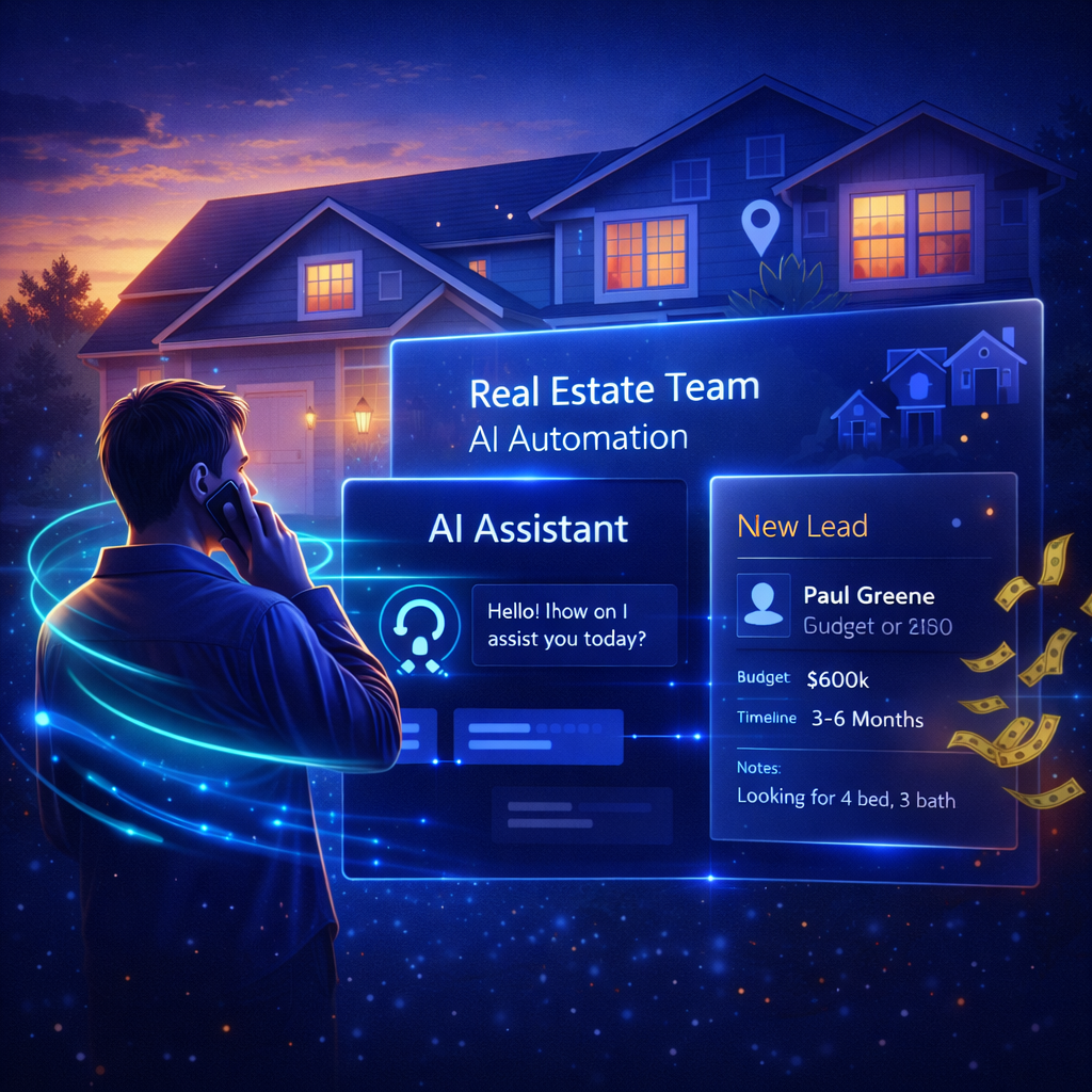 AI automation for real estate agents capturing buyer and seller leads, organizing contacts, and tracking opportunities in a dashboard