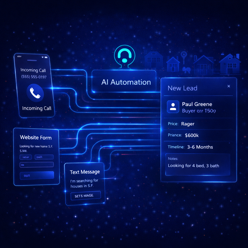 Real estate lead workflow showing inquiry, AI response, lead capture, and follow-up automation