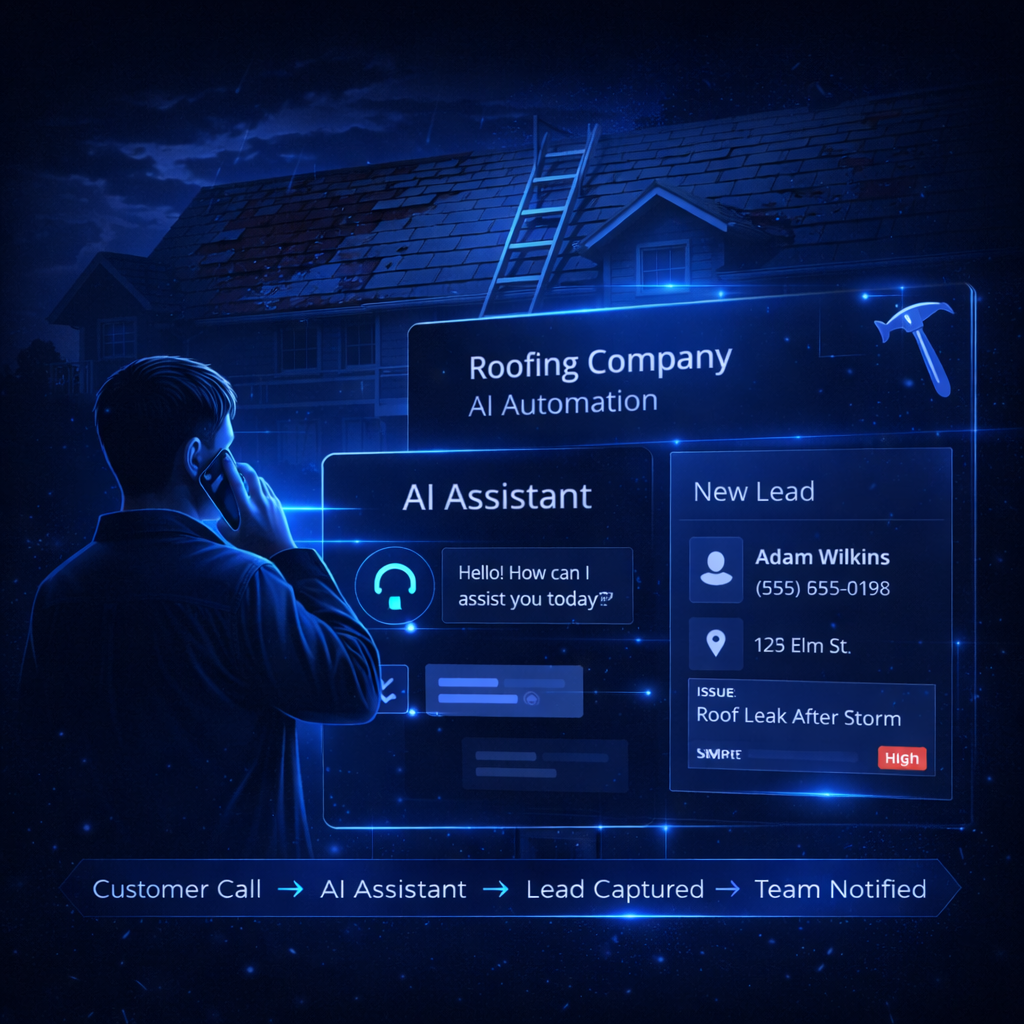 AI automation for roofing companies capturing inbound calls, logging project details, and organizing roofing jobs in a dashboard