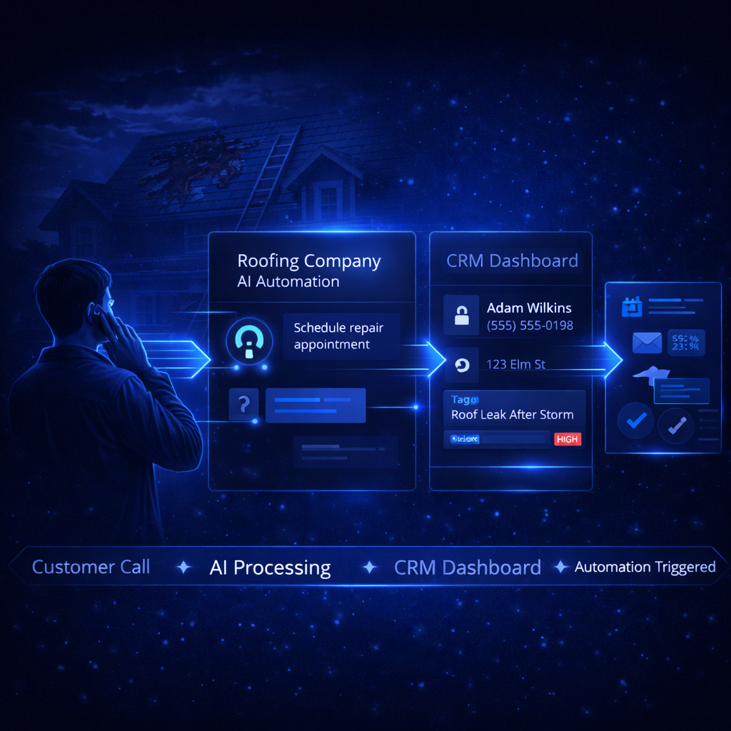 Roofing service workflow showing incoming call, AI response, lead capture, and inspection scheduling